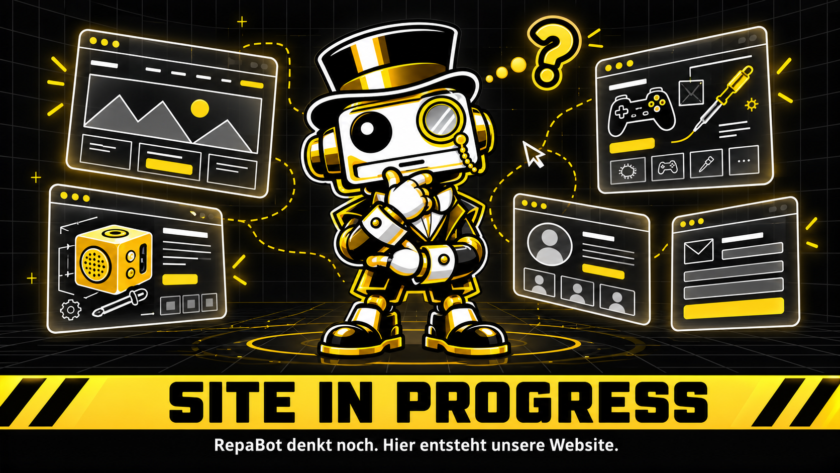 RepaBot grübelt zwischen schwebenden Website-Entwürfen. Site in Progress. RepaBot denkt noch. Hier entsteht unsere Website.